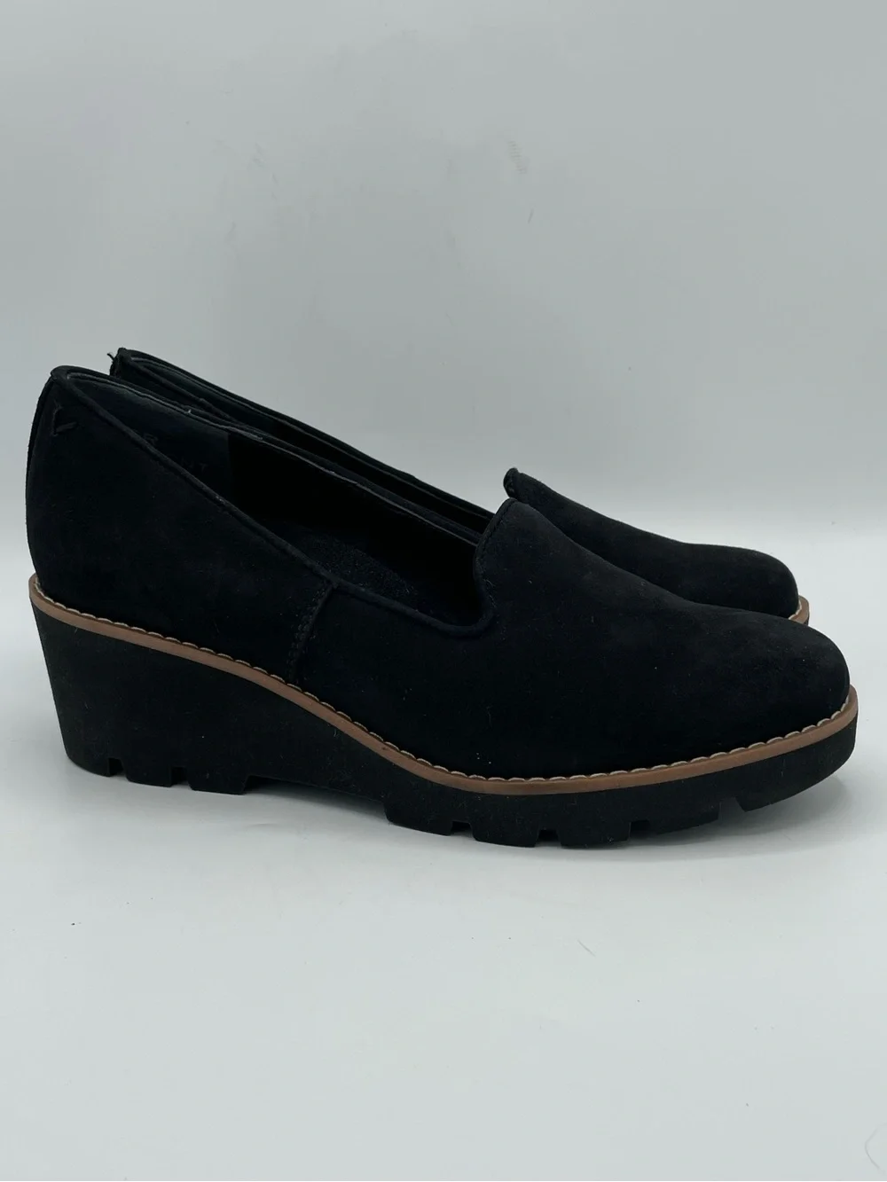Vionic Willa Black Suede Wedge Loafers - Slip-On Comfort.